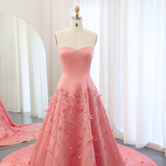 Sharon Said Luxury Feathers Dubai Coral Pink Evening Dresses 3D Flowers Sweeheart Wedding Formal Party Dress SS470 Customized